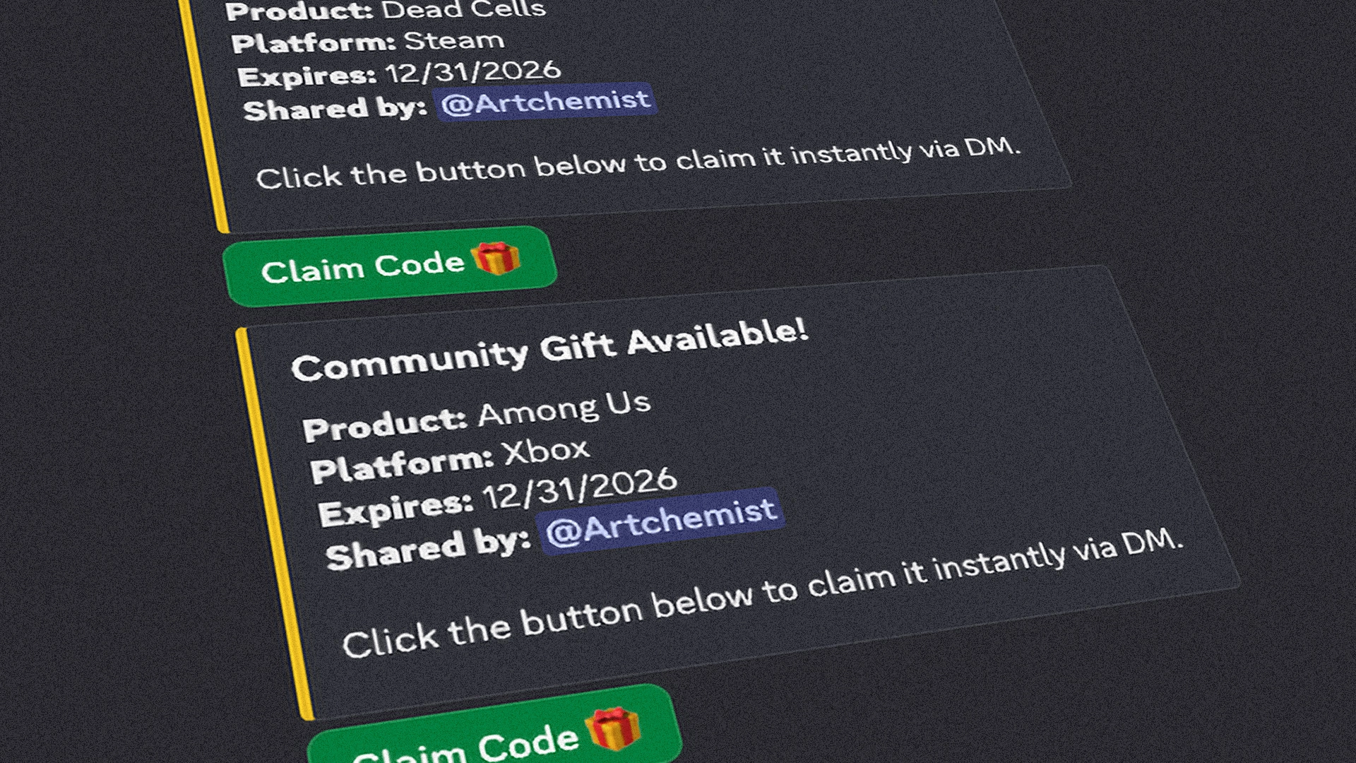 CodeClaimer bot showing code distribution in a Discord server
