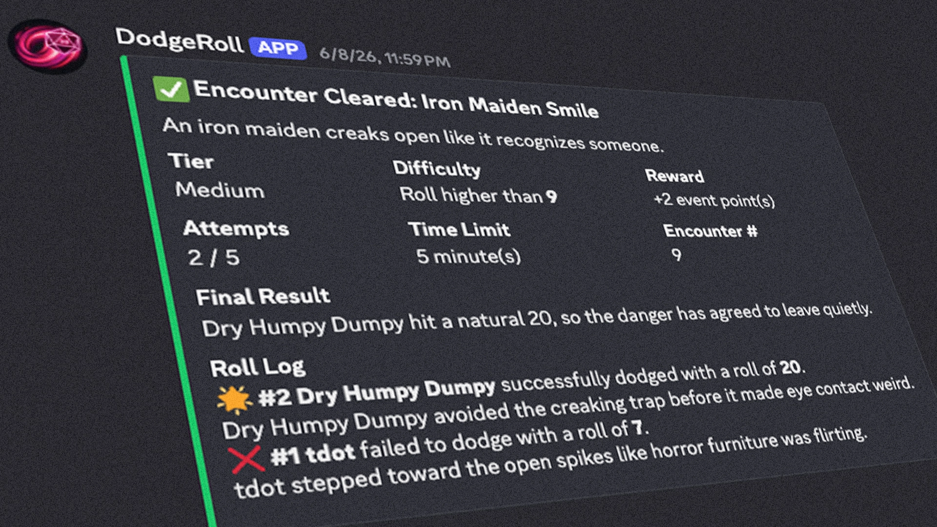 DodgeRoll bot showing a roll prompt in a Discord server