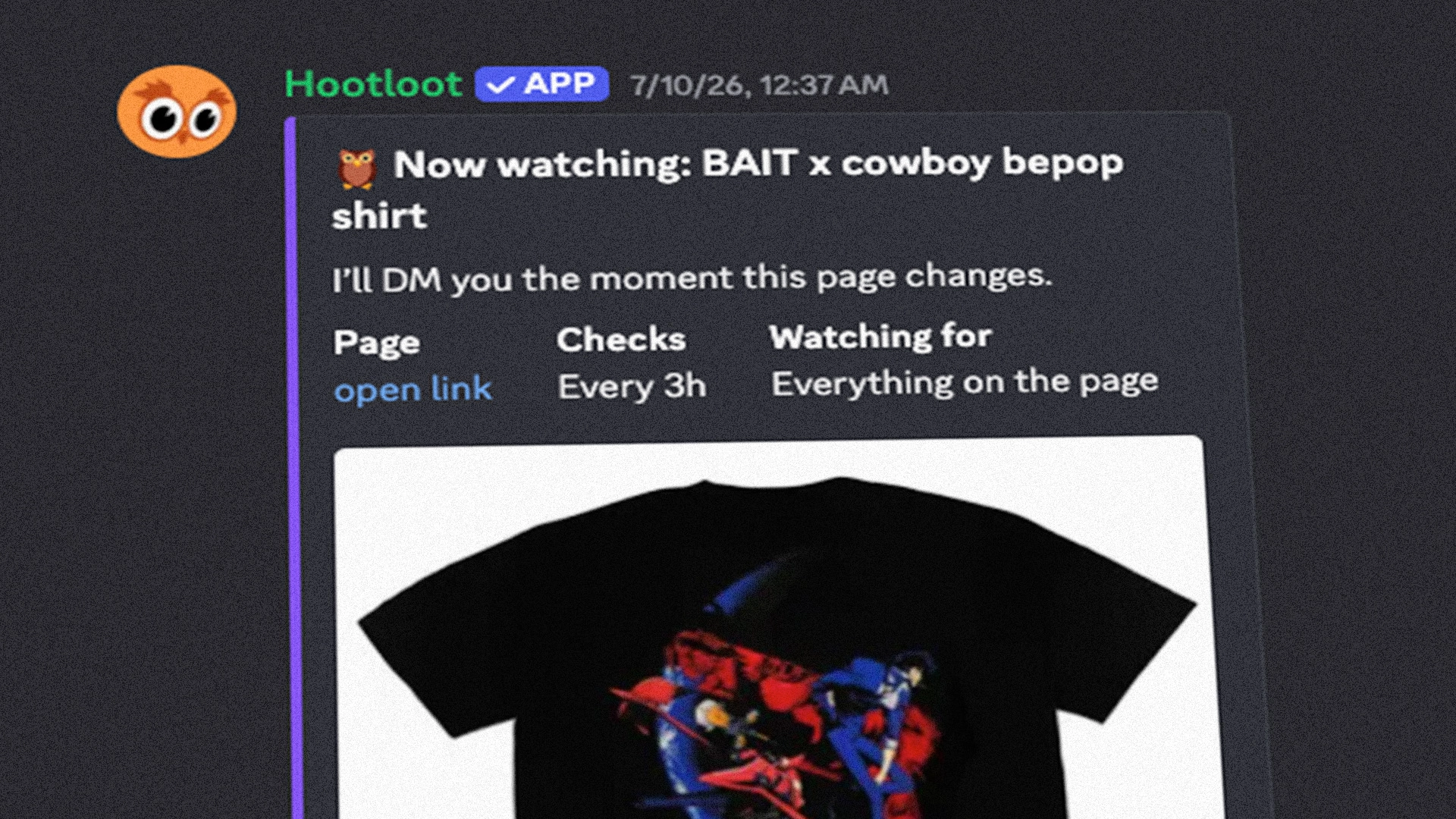 Hootloot bot showing a restock alert in a Discord server