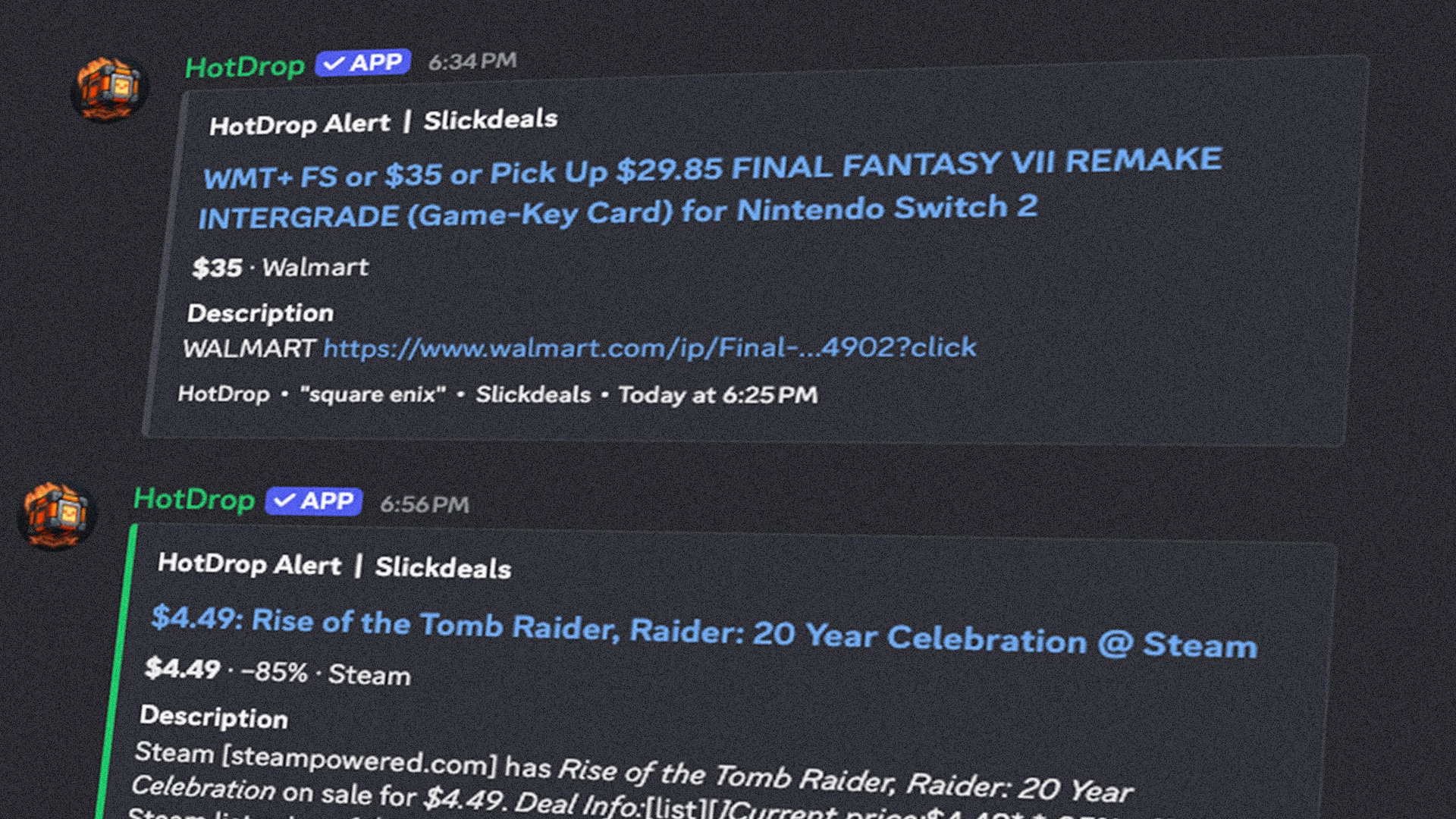 HotDrop bot showing a deal alert in a Discord server